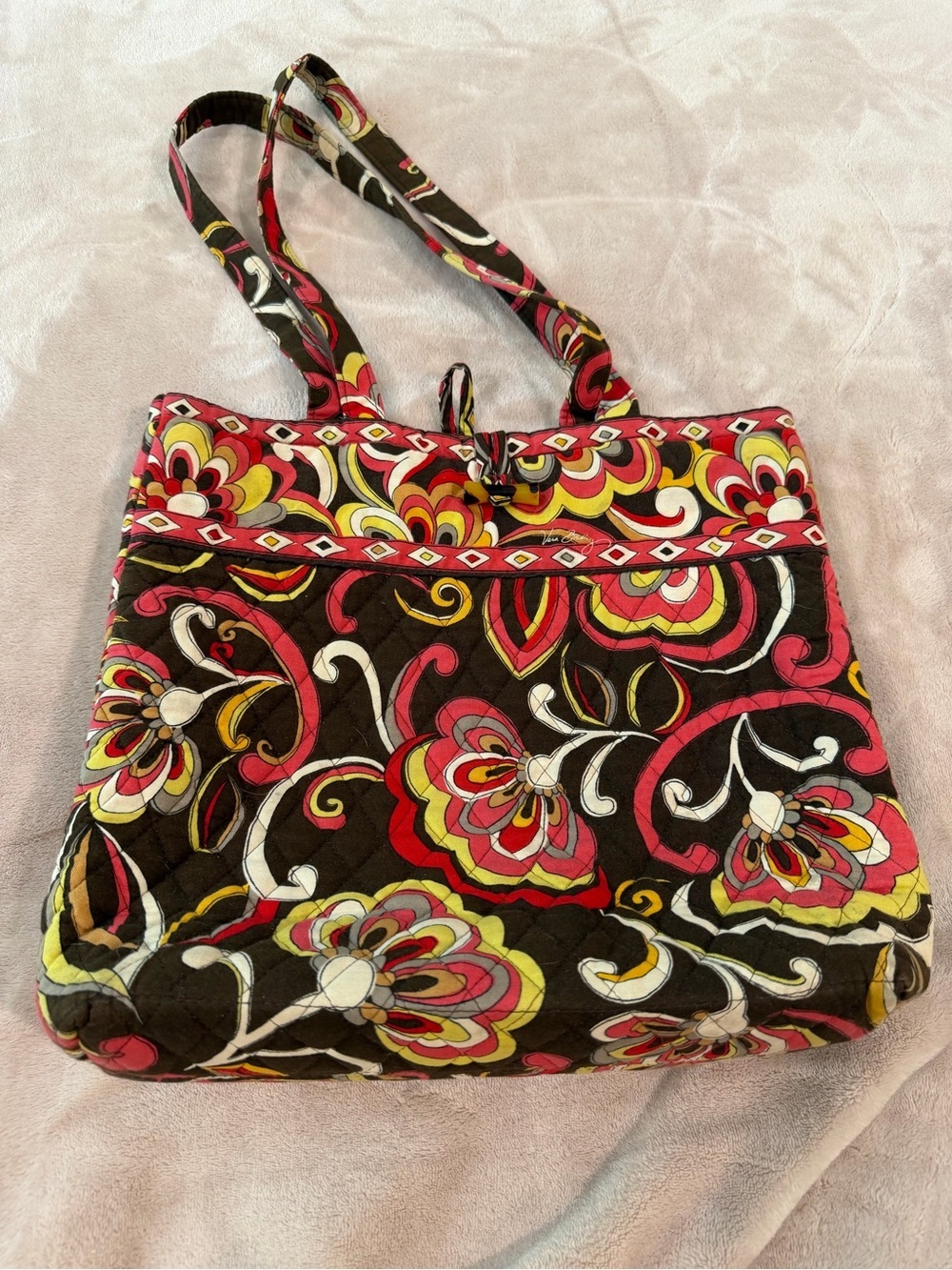 Vera Bradley Quilted Shoulder Tote in Brown, Pink & Yellow